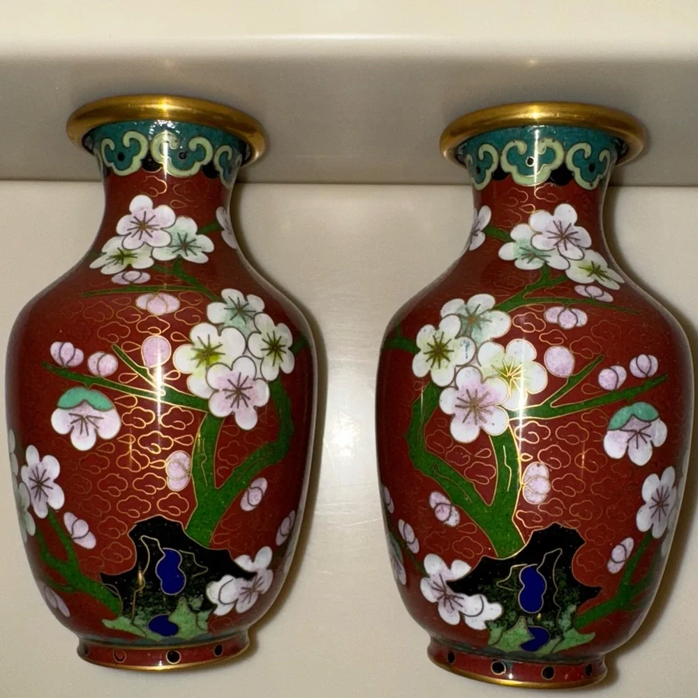 Pair Of Vintage Chinese Cloisonné Chrysanthemum Floral Vases